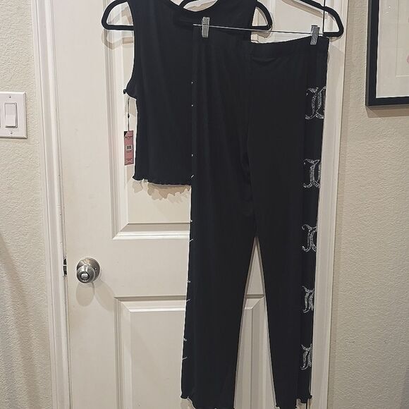 Juicy Couture JC Rhinestone Logo Ribbed Tank & Pants PJ Set- Black - Picture 7 of 8